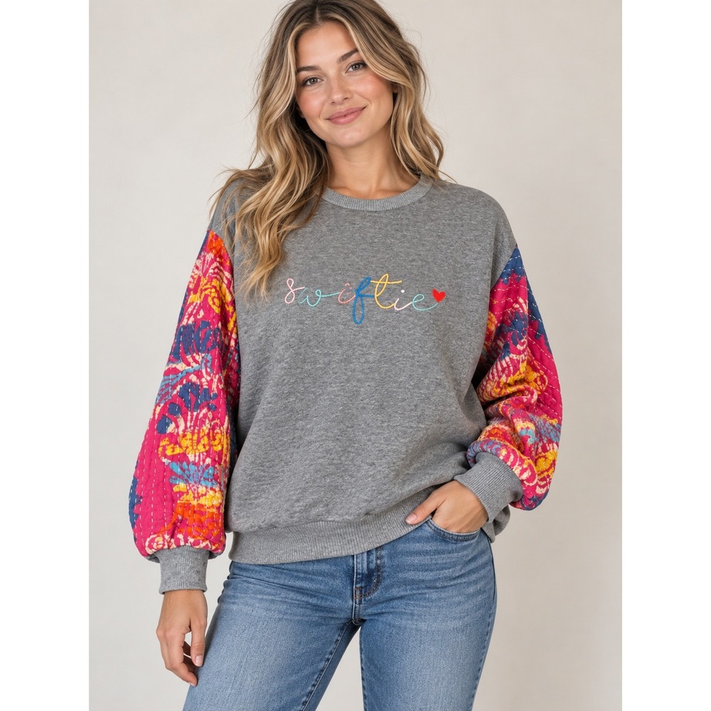 Swiftie Custom Quilted Kantha Sleeve Sweatshirt Gray Embroidered Pullover